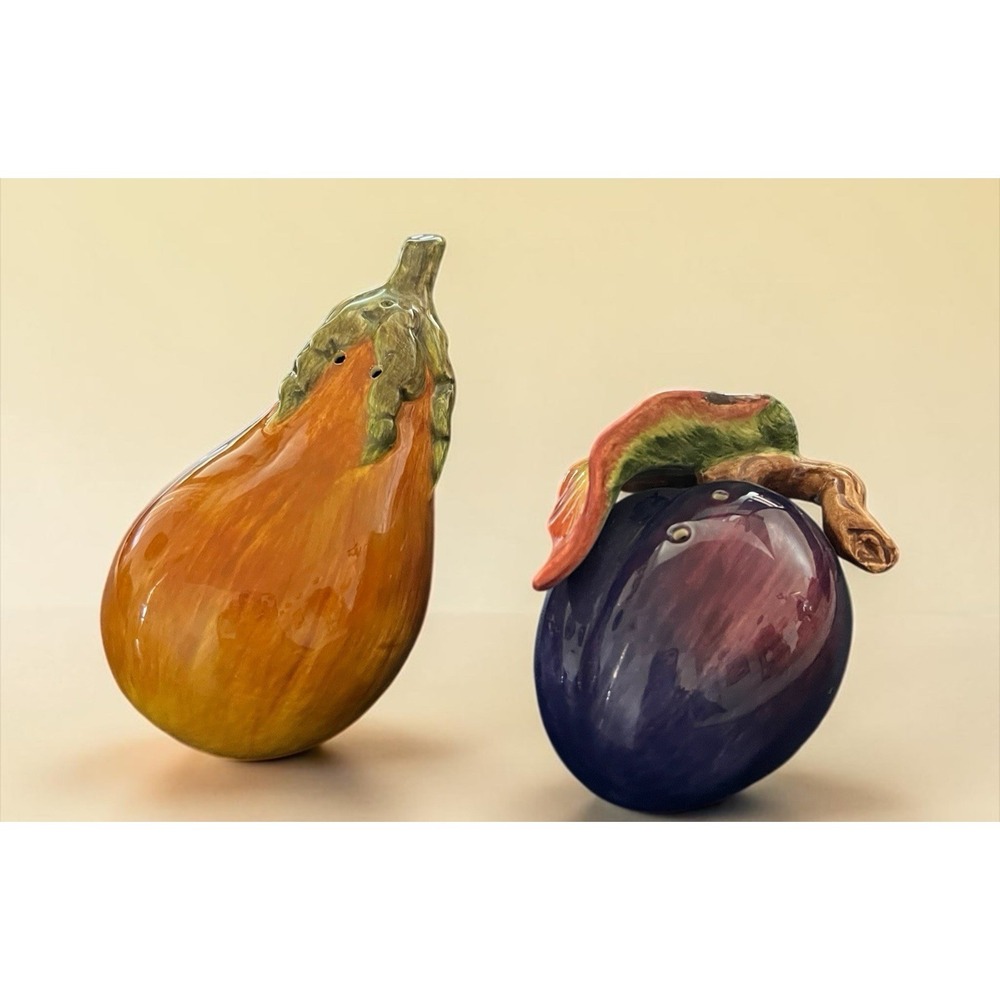 Fitz & Floyd Eggplant And Squash Salt Pepper Shaker Set‎ Multicolor Vintage Leaf